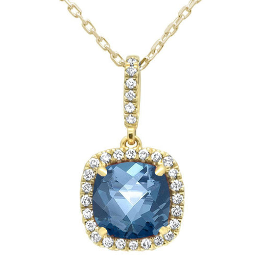 1.74ct 10k Yellow Gold Cushion Blue Topaz & Diamond Pendant 18" Long
