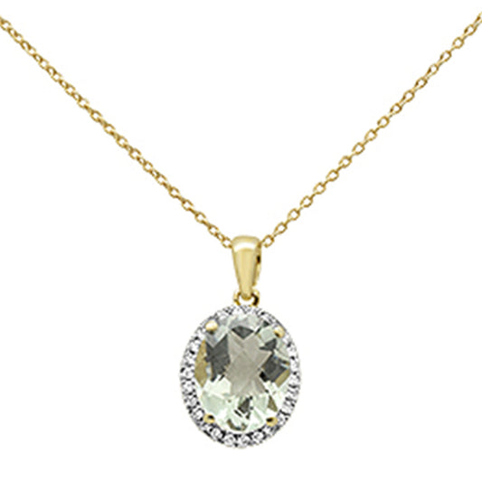 2.59ct Oval Green Amethyst 10k Yellow Gold Diamond Pendant Necklace 18"
