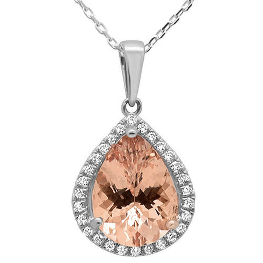 3.51ct 14kt White Gold Pear Morganite Gemstone & Diamond Necklace 16"+2"Ext