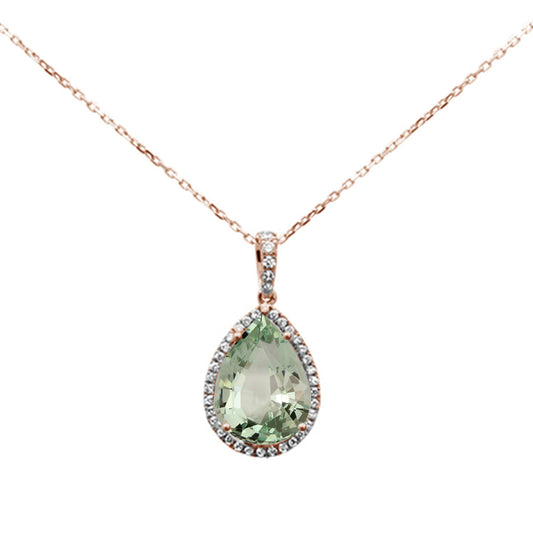 5.08ct 14K Rose Gold Pear Green Amethyst & Diamond Pendant Necklace 16"+ 2" Ext.