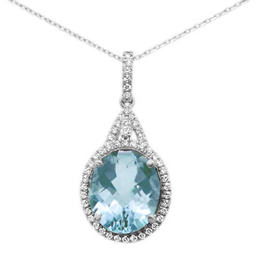 4.08ct 14K White Gold Diamond Aquamarine Pendant Necklace 18"