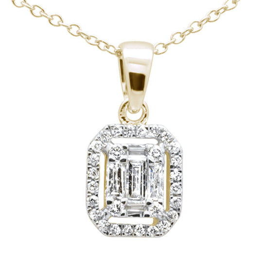 .31ct G SI 14K Yellow Gold Diamond Round & Baguette Pendant Necklace 18" Long