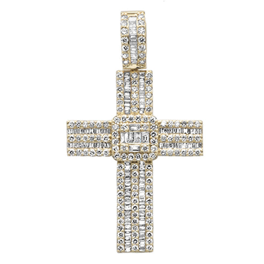 3.45ct G SI 14K Yellow Gold Round & Baguette Diamond Cross Pendant