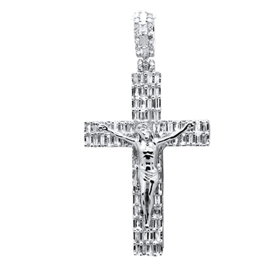 1.43ct G SI 14K White Gold Round & Baguette Diamond Jesus Cross Charm Pendant