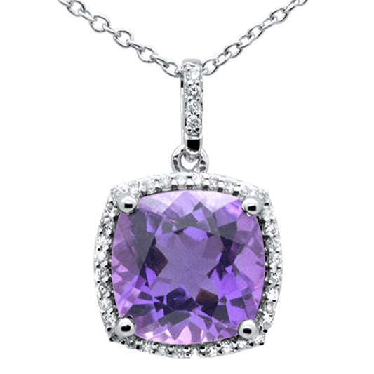 3.12ct G SI 14K White Gold Diamond & Amethyst Gemstone Halo Pendant Necklace 18" Chain