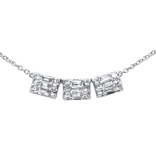 .55ct G SI 14K White Gold Round & Baguette Diamond Three Stone Emerald Shape Pendant Necklace 16"+2" Ext Chain