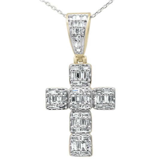 SPECIAL! .82ct G SI 10K Yellow Gold Round & Baguette Diamond Cross Pendant Necklace 18"