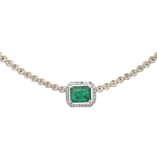 3.16ct G SI 14K Yellow Gold Diamond & Natural Green Emerald Gemstone Necklace