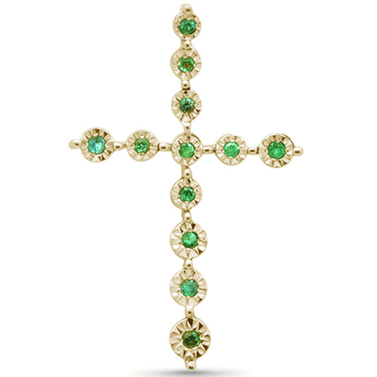 .08ct G SI 14K Yellow Gold Emerald Gemstone Cross Charm Pendant