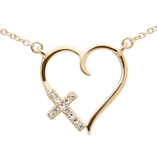 .03ct G SI 14K Yellow Gold Diamond Heart with Cross Pendant Necklace 18" Long