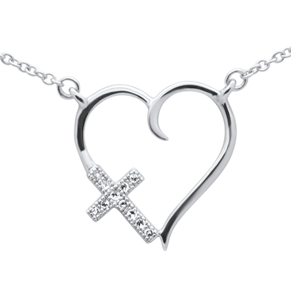 .03ct G SI 14K White Gold Diamond Heart with Cross Pendant Necklace 18" Long