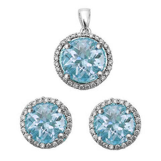Halo Simulated Aquamarine .925 Sterling Silver Earrings & Pendant Set