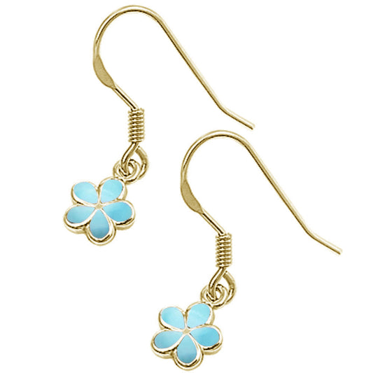 Yellow Gold Plated Natural Larimar Plumeria .925 Sterling Silver Earrings