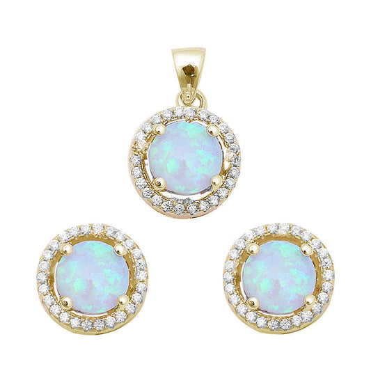 Yellow Gold Plated Halo White Fire Opal & Cubic Zirconia .925 Sterling Silver Earring & Pendant Set