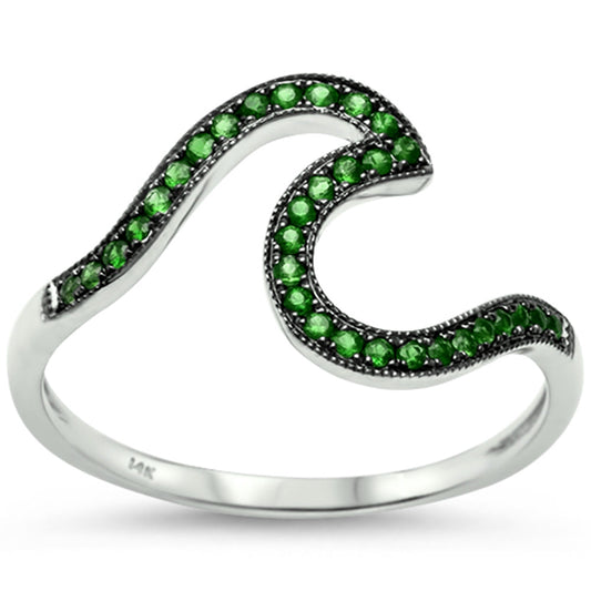 .11ct 14k White Gold Natural Green Emerald Wave Ring Size 6.5