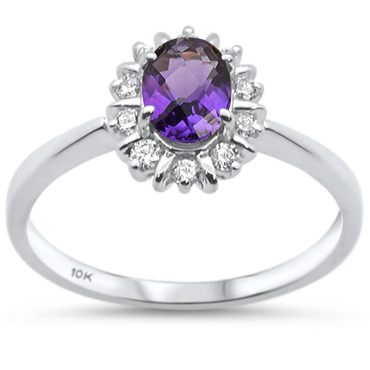 .89cts 10k White Gold Oval Amethyst Diamond Ring Size 6.5