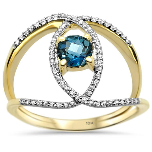 0.69cts 10k Yellow Gold Round Blue Topaz & Diamond Ring Size 6.5