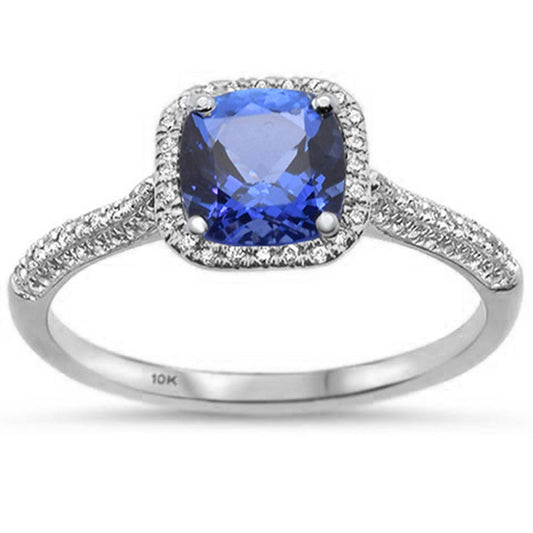 1.10ct 10K White Gold Cushion Tanzanite & Diamond Ring Size 6.5