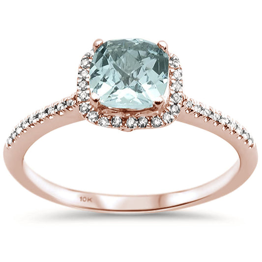 .61cts 10k Rose Gold Cushion Aquamarine Diamond Ring Size 6.5