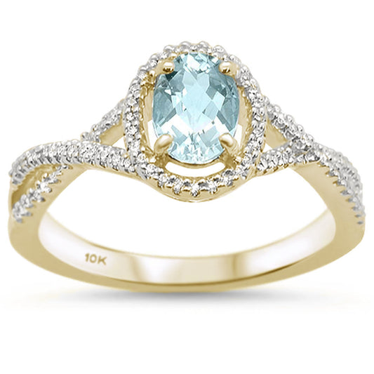 0.74cts 10k Yellow Gold Oval Aquamarine Diamond Ring Size 6.5