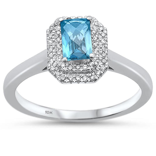 0.63cts 10k White Gold Emerald Cut Blue Topaz & Diamond Ring Size 6.5