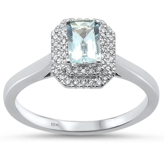 0.89cts 10k White Gold Emerald Cut Aquamarine & Diamond Ring Size 6.5