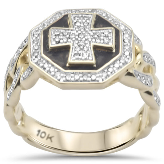 SPECIAL!.48ct G SI 10K Yellow Gold Black Enamel Cross Men's Ring Band