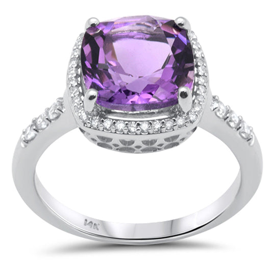 3.20ct G SI 14K White Gold Cushion Cut Halo Amethyst & Round Diamond Ring Size 6.5