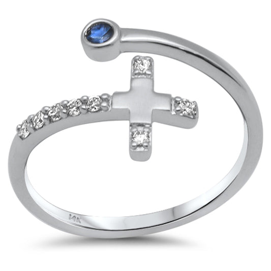SPECIAL! .11ct G SI 14K White Gold Diamond Side Cross Diamond & Blue Sapphire Open Ring Band