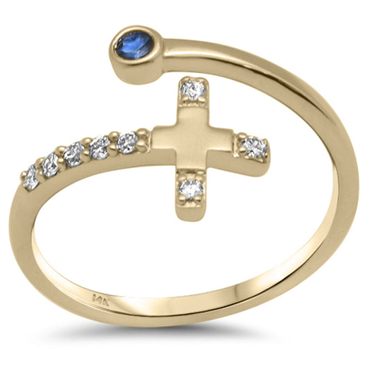 SPECIAL! .11ct G SI 14K Yellow Gold Diamond Side Cross Diamond & Blue Sapphire Open Ring Band