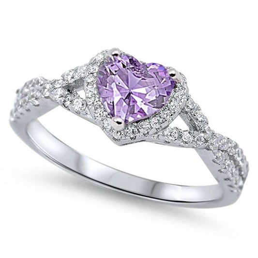 Heart With Lavender Cubic Zirconia .925 Sterling Silver Ring Sizes 7-9