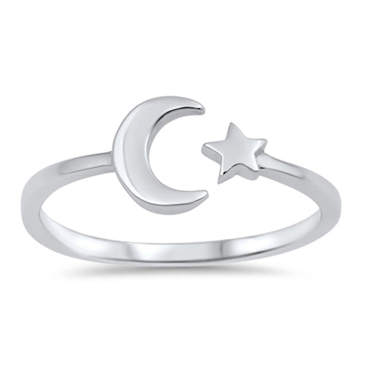 Solid Moon & Star Sterling Silver .925 Sterling Silver Ring Sizes 4-11