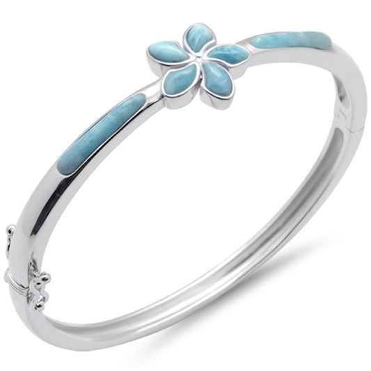 Natural Larimar Flower .925 Sterling Silver Bangle Bracelet