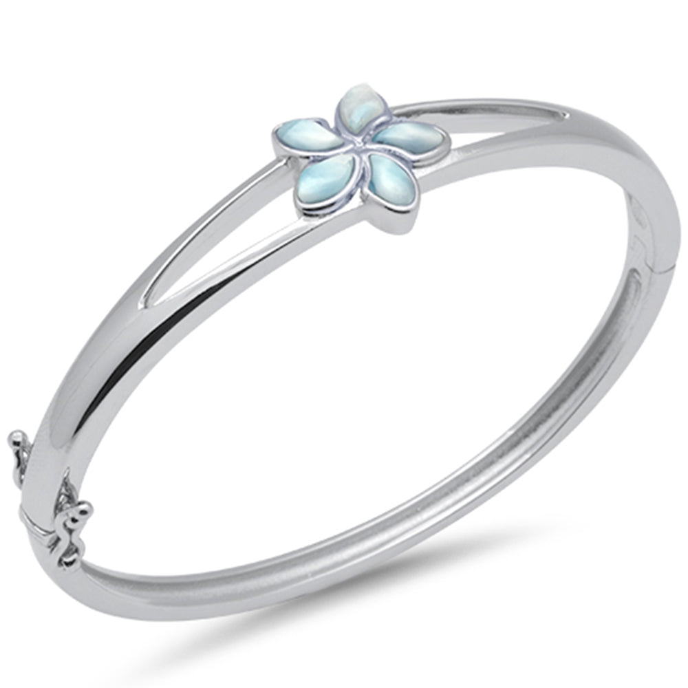 Flower Natural Larimar .925 Sterling Silver Bangle Bracelet