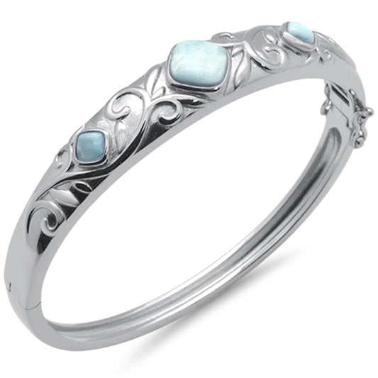 Natural Larimar Flower Engraved .925 Sterling Silver Bangle Bracelet