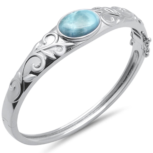Oval Natural Larimar & CZ Flower Engraved .925 Sterling Silver Bangle Bracelet
