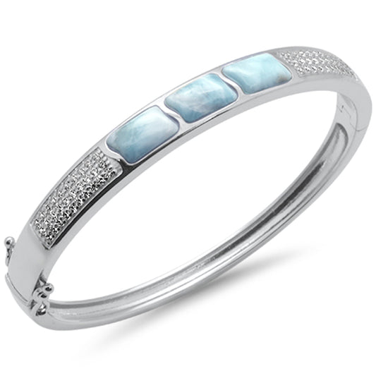 Natural Larimar & CZ .925 Sterling Silver Bangle Bracelet