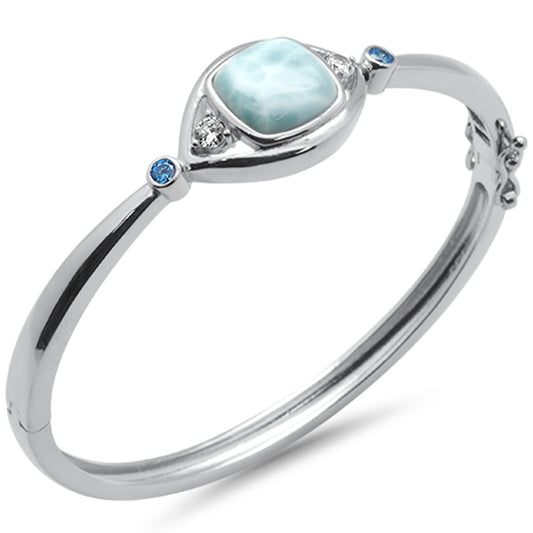 Cushion Shaped Natural Larimar, Blue Topaz & CZ .925 Sterling Silver Bangle Bracelet
