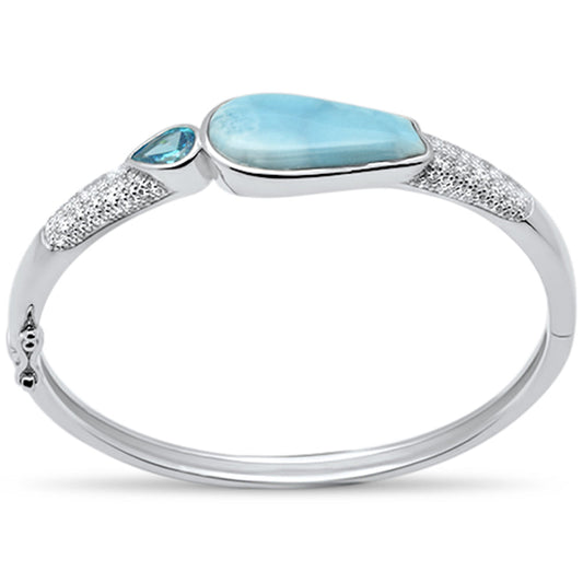 Natural Larimar, Blue Topaz & Cubic Zirconia .925 Sterling Silver Bangle Bracelet