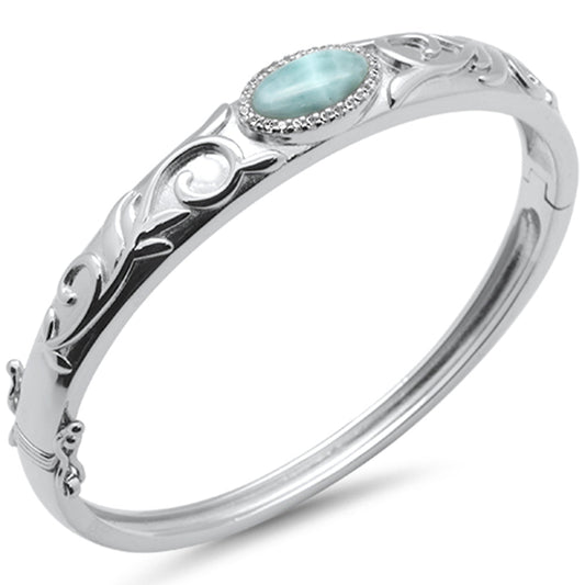 Natural Larimar & CZ Flower Engraved .925 Sterling Silver Bangle Bracelet