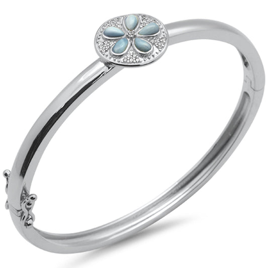 Natural Larimar Flower .925 Sterling Silver Bangle Bracelet