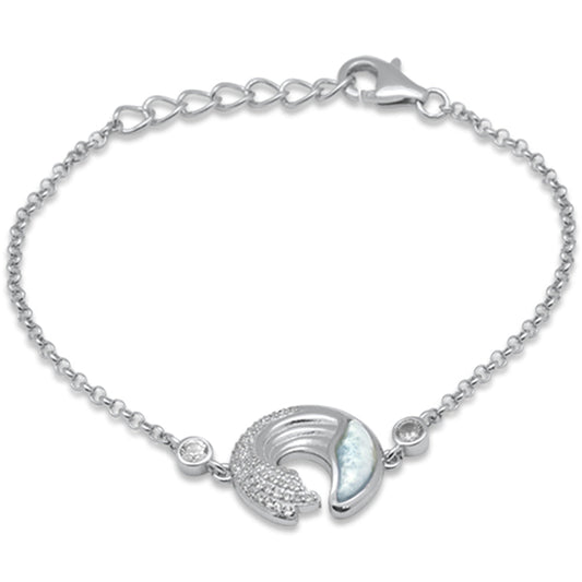Natural Larimar & CZ .925 Sterling Silver 7.5" Long Bracelet