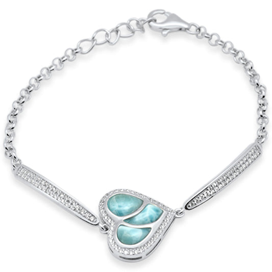 Heart Shaped Natural Larimar & CZ .925 Sterling Silver Bracelet