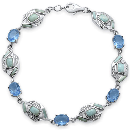 Oval Tanzanite, Natural Larimar & CZ .925 Sterling Silver Bracelet 7.5"