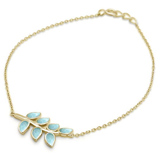 Yellow Gold Plated Natural Larimar Leaf Design .925 Sterling Silver Bracelet