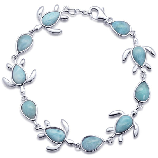 Natural Larimar Turtle Charm .925 Sterling Silver Bracelet 7.5" to 8" Long