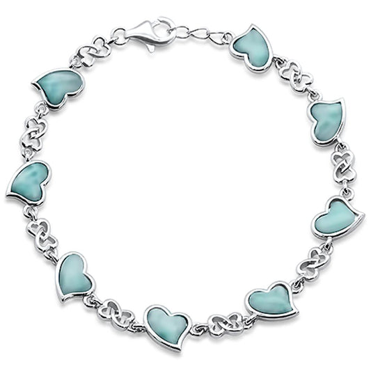 Natural Larimar Heart Charm .925 Sterling Silver Bracelet 7.5" Long