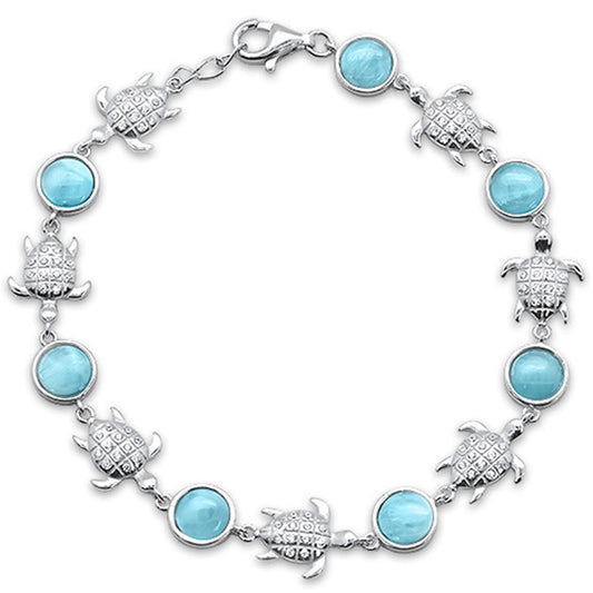 Natural Larimar & CZ Turtles .925 Sterling Silver Bracelet