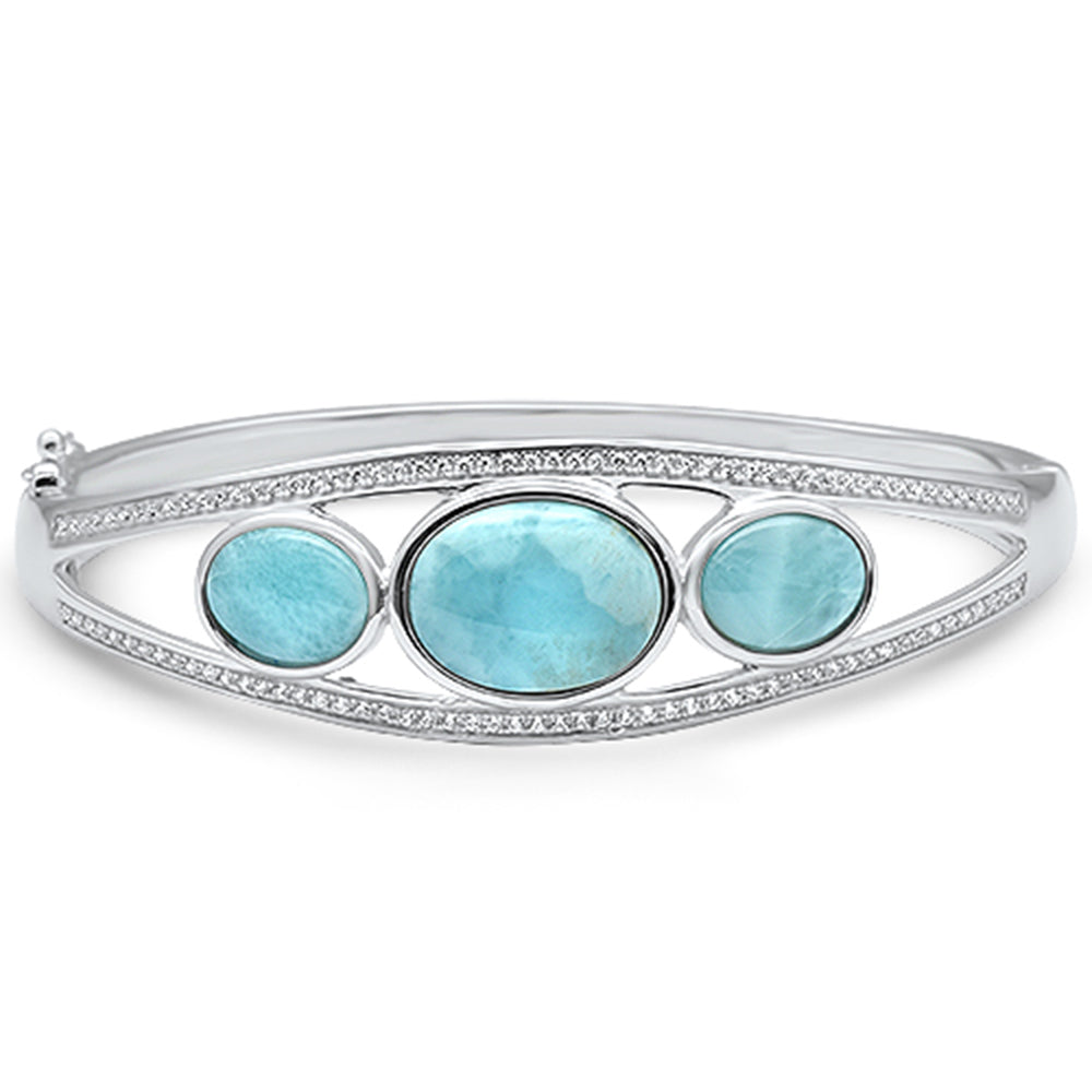 Oval Natural Larimar & Cz .925 Sterling Silver Bracelet