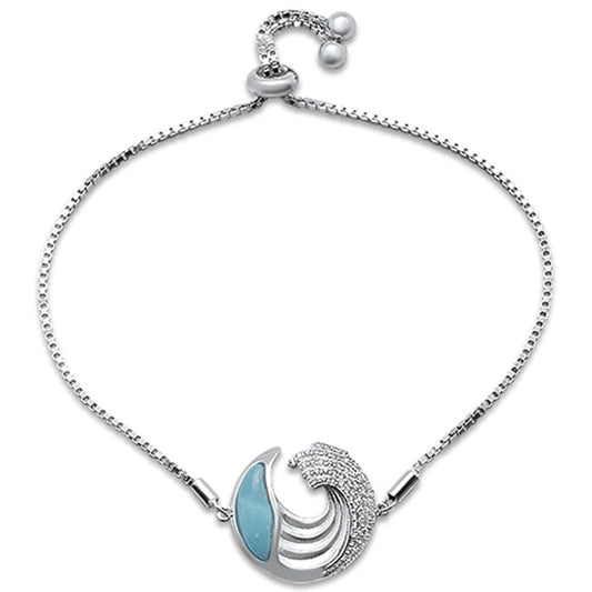 Natural Larimar & Cubic Zirconia  .925 Sterling Silver Bracelet Adjustable